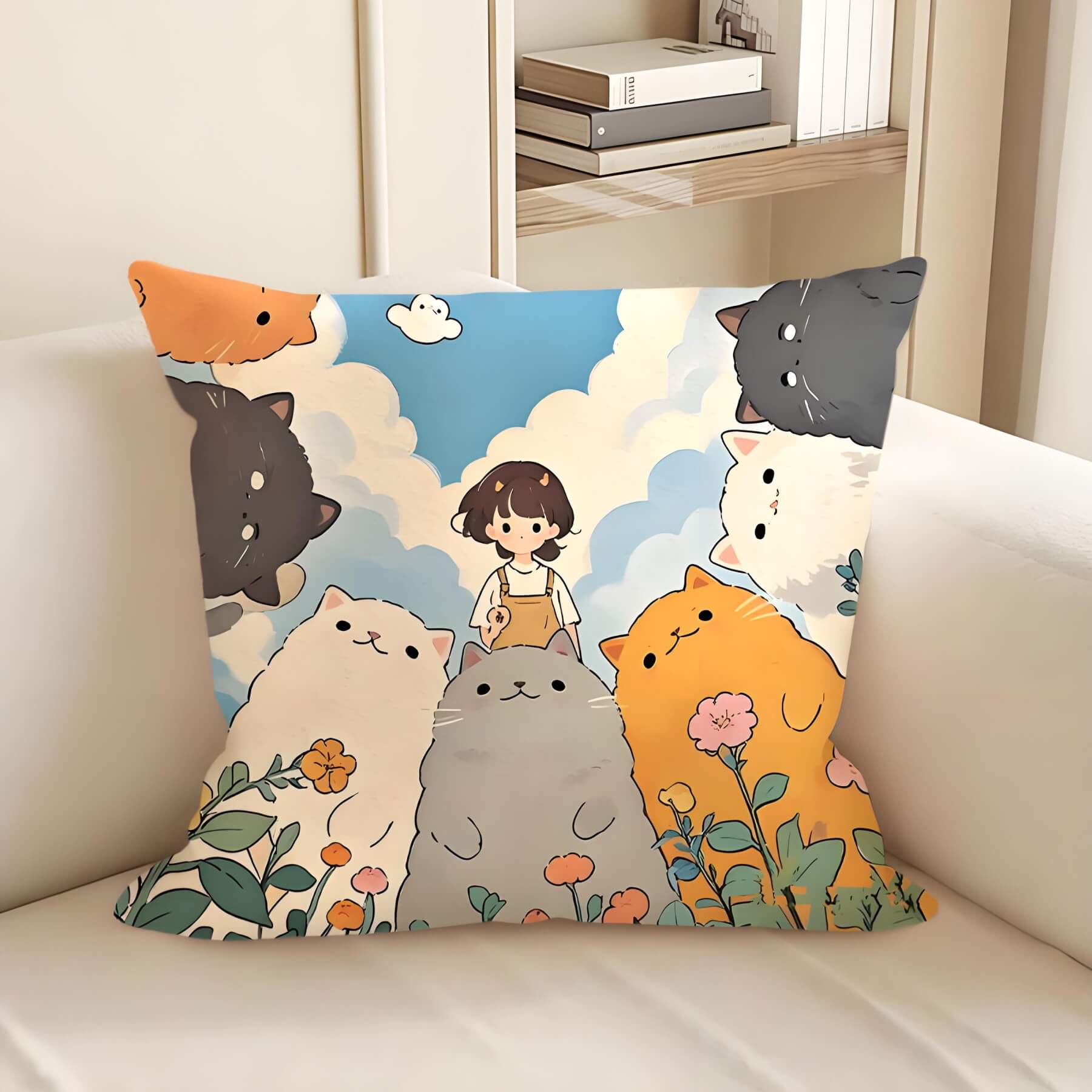 cute cartoon cats pillow: a girl stand in 7 cats